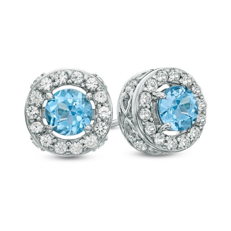 Main Image 1 of Previously Owned - 5.0mm Swiss Blue Topaz and Lab-Created White Sapphire Frame Stud Earrings in Sterling Silver