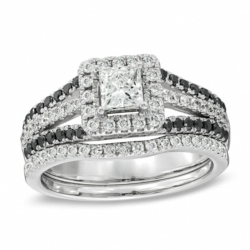 Main Image 1 of Previously Owned - 1 CT. T.W. Enhanced Black and White Diamond Square Frame Bridal Set in 14K White Gold