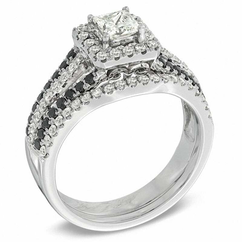 Main Image 2 of Previously Owned - 1 CT. T.W. Enhanced Black and White Diamond Square Frame Bridal Set in 14K White Gold