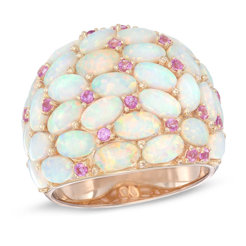 Main Image 1 of Previously Owned - Oval Lab-Created Opal and Pink Sapphire Dome Ring in Sterling Silver with 18K Rose Gold Plate