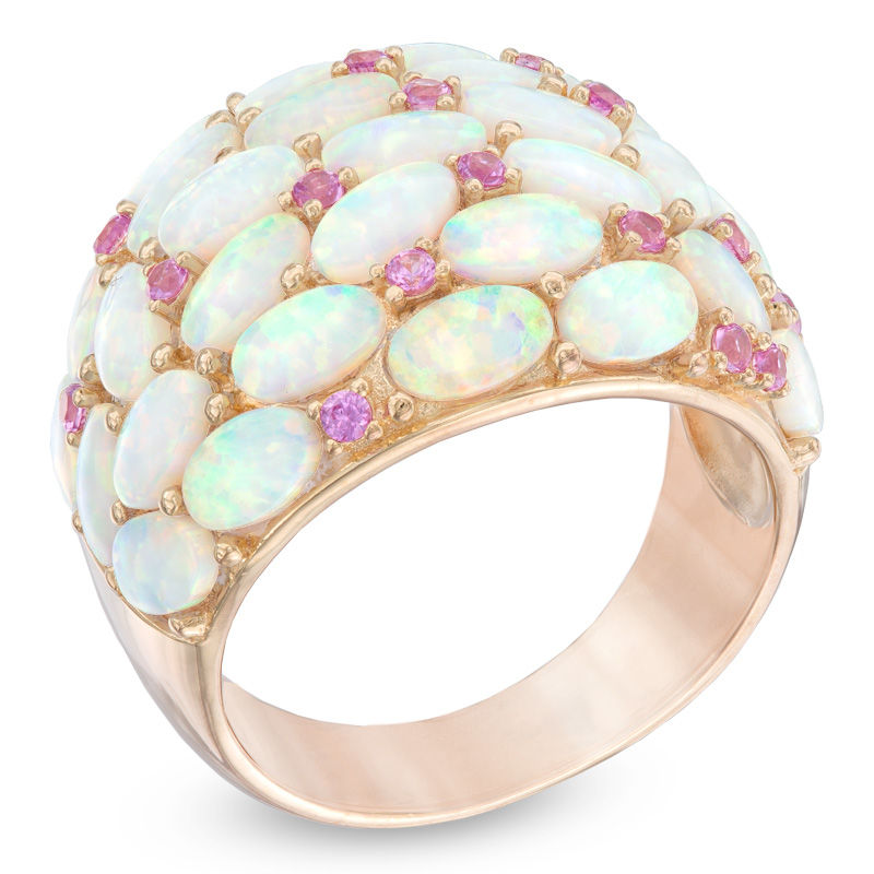 Main Image 2 of Previously Owned - Oval Lab-Created Opal and Pink Sapphire Dome Ring in Sterling Silver with 18K Rose Gold Plate