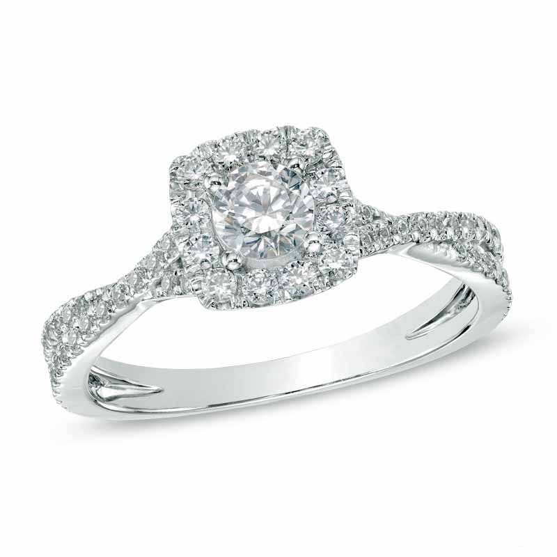 Main Image 1 of Previously Owned - Celebration Grand® 3/4 CT. T.W. Diamond Frame Engagement Ring in 14K White Gold (H-I/I1)