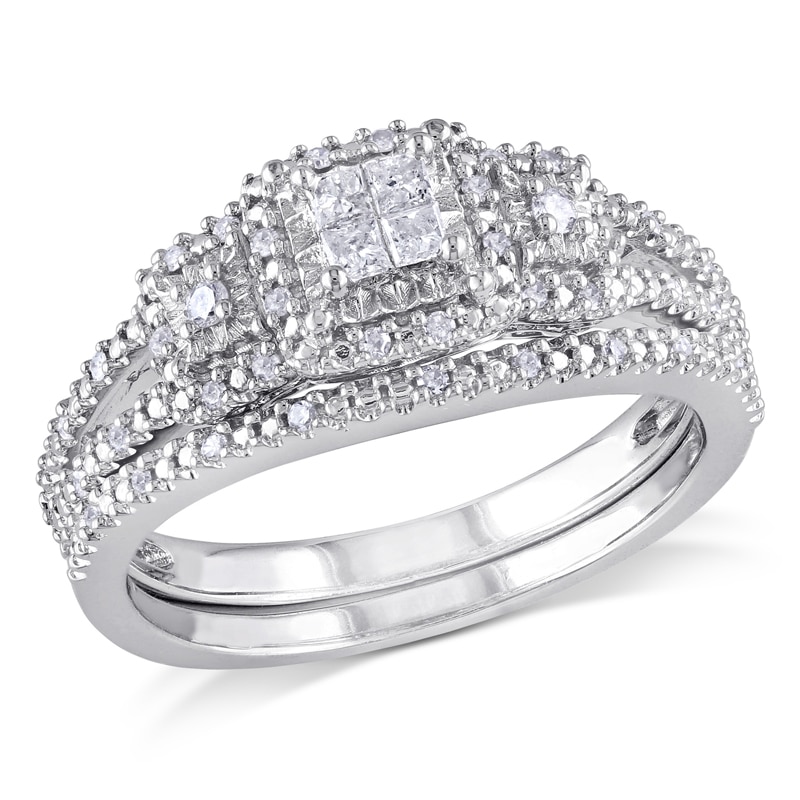 Main Image 1 of Previously Owned - 1/4 CT. T.W. Quad Princess-Cut Diamond Frame Bridal Set in Sterling Silver