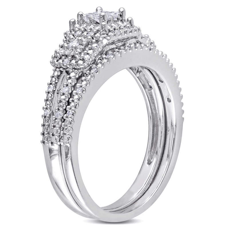 Main Image 2 of Previously Owned - 1/4 CT. T.W. Quad Princess-Cut Diamond Frame Bridal Set in Sterling Silver