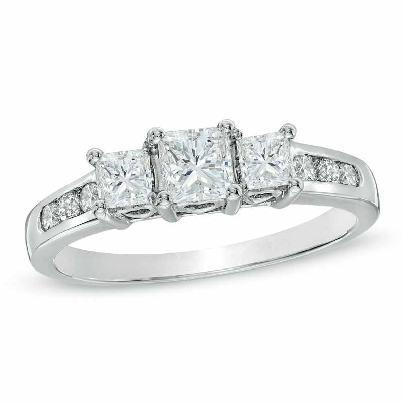 Main Image 1 of Previously Owned - 1 CT. T.W. Princess-Cut Diamond Three Stone Past Present Future Ring in 14K White Gold