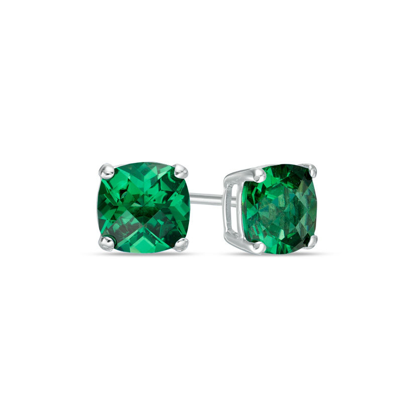 Previously Owned - 6.0mm Cushion-Cut Lab-Created Checkerboard Green Spinel Solitaire Stud Earrings in 10K White Gold