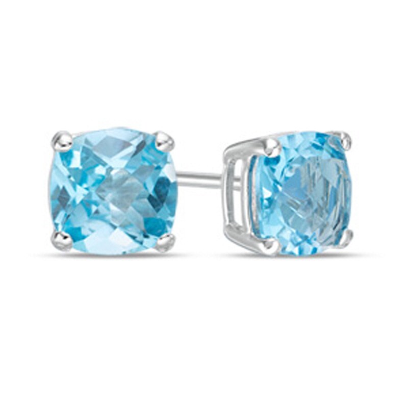 Main Image 1 of Previously Owned - 6.0mm Cushion-Cut Blue Topaz Stud Earrings in 10K White Gold