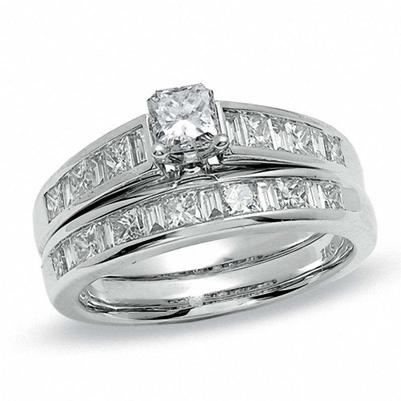 Main Image 1 of Previously Owned - 1-1/2 CT. T.W. Princess-Cut Diamond Bridal Set in 14K White Gold