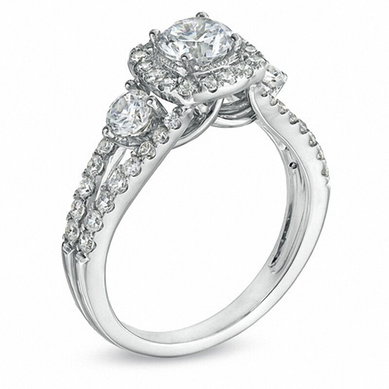 Main Image 2 of Previously Owned - Celebration Ideal 1-5/8 CT. T.W. Diamond Three Stone Engagement Ring in 14K White Gold