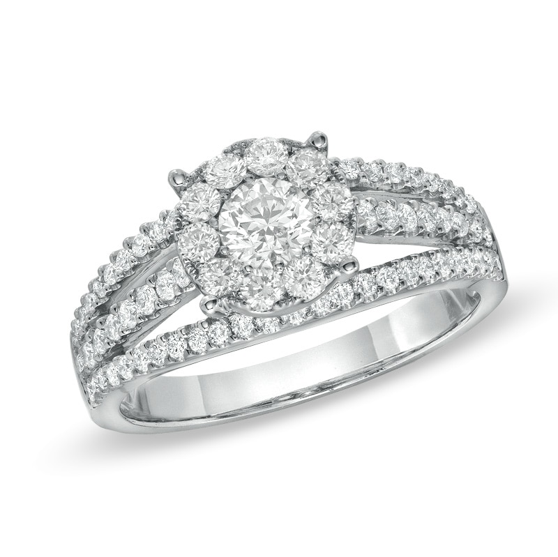 Previously Owned - 1 CT. T.W. Diamond Three Row Split Shank Engagement Ring in 14K White Gold