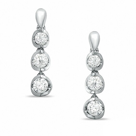 Previously Owned - 1 CT. T.W. Diamond Three Stone Drop Earrings in 14K White Gold (I/I2) Previously Owned - 1 CT. T.W. Diamond Three Stone Drop Earrings in 14K White Gold (I/I2)