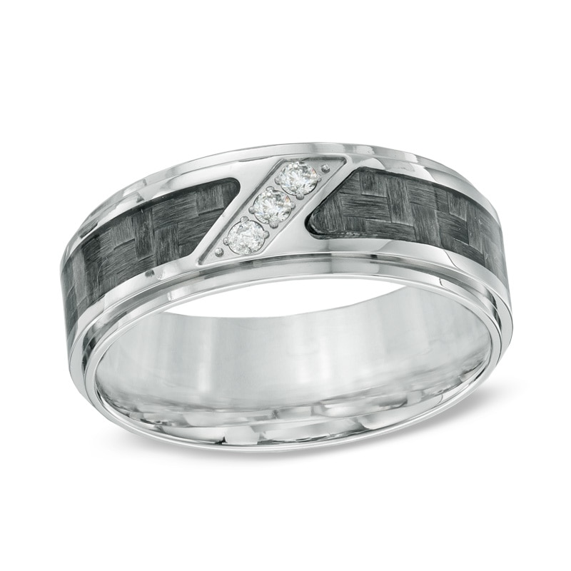 Main Image 1 of Previously Owned - 1/10 CT. T.W. Diamond Three Stone Grey Carbon Fiber Comfort Fit Stainless Steel Wedding Band