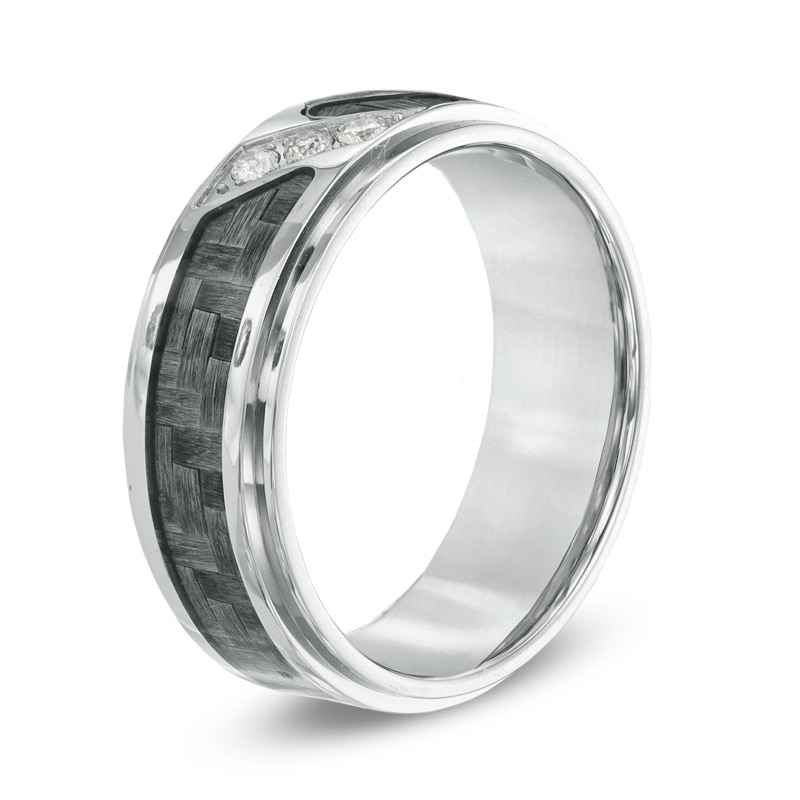 Main Image 2 of Previously Owned - 1/10 CT. T.W. Diamond Three Stone Grey Carbon Fiber Comfort Fit Stainless Steel Wedding Band