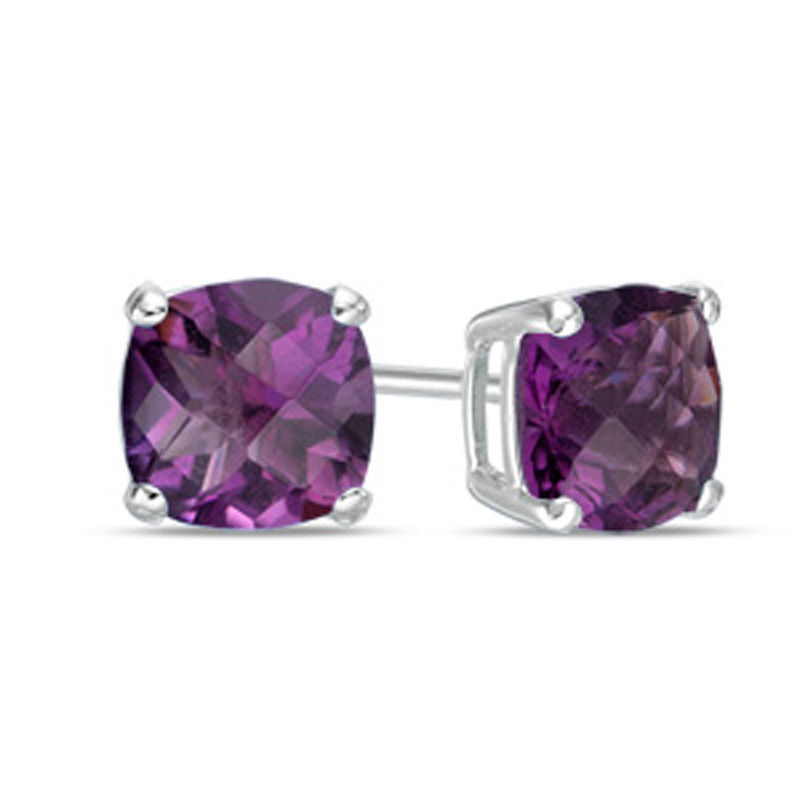 Previously Owned - 6.0mm Cushion-Cut Checkerboard Amethyst Solitaire Stud Earrings in 10K White Gold