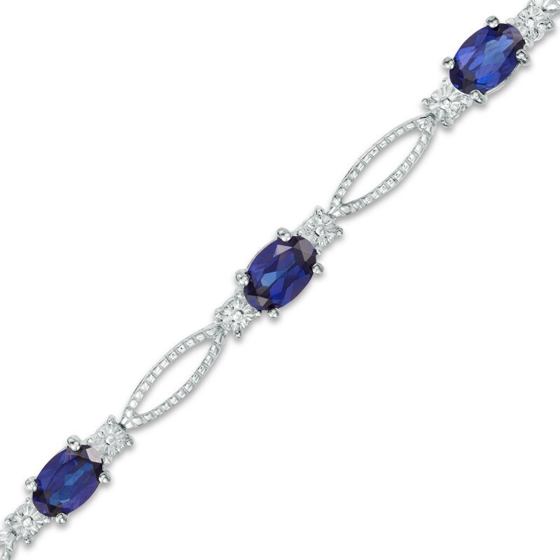 Main Image 1 of Previously Owned - Oval Lab-Created Blue Sapphire and Diamond Accent Bracelet in Sterling Silver - 7.25"