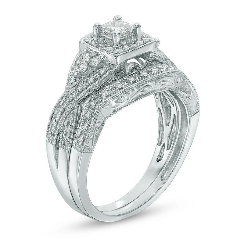 Previously Owned - 1/2 CT. T.W. Princess-Cut Diamond Frame Twist Vintage-Style Bridal Set in 14K White Gold