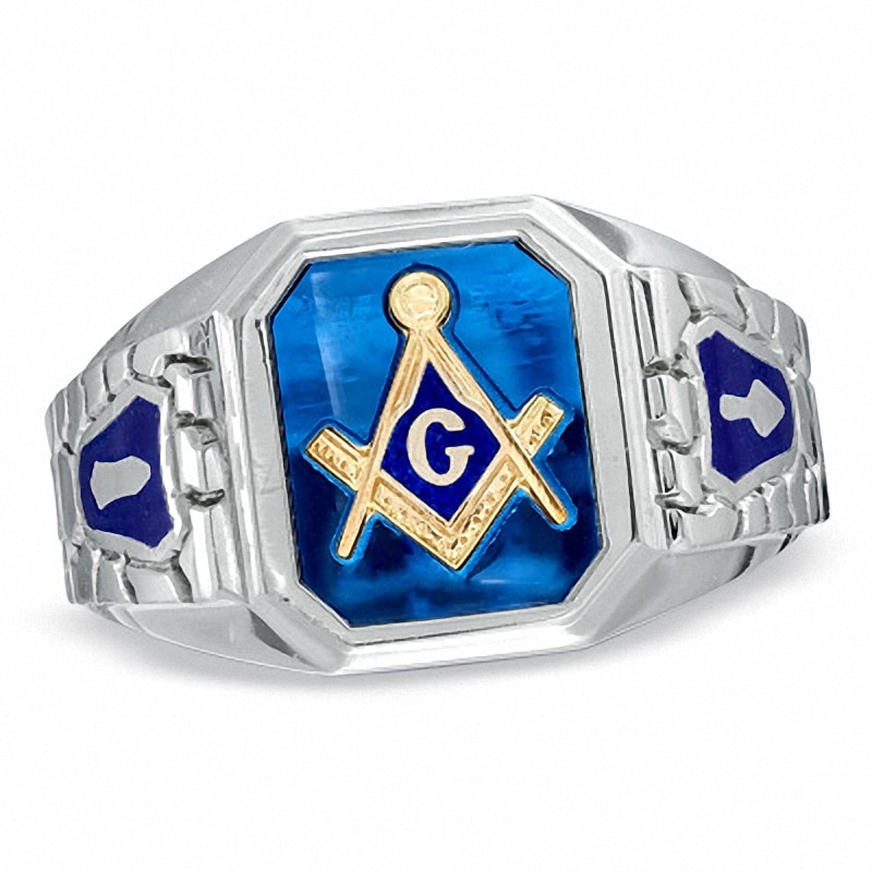 Main Image 1 of Previously Owned - Men's Lab-Created Blue Sapphire and Enamel Comfort Fit Masonic Ring in Sterling Silver
