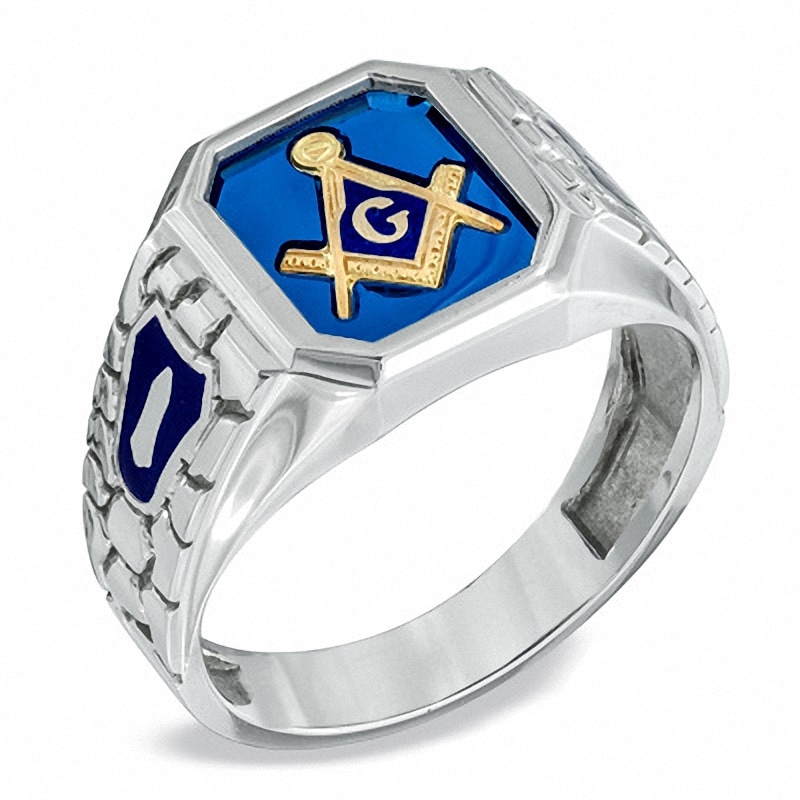 Main Image 2 of Previously Owned - Men's Lab-Created Blue Sapphire and Enamel Comfort Fit Masonic Ring in Sterling Silver