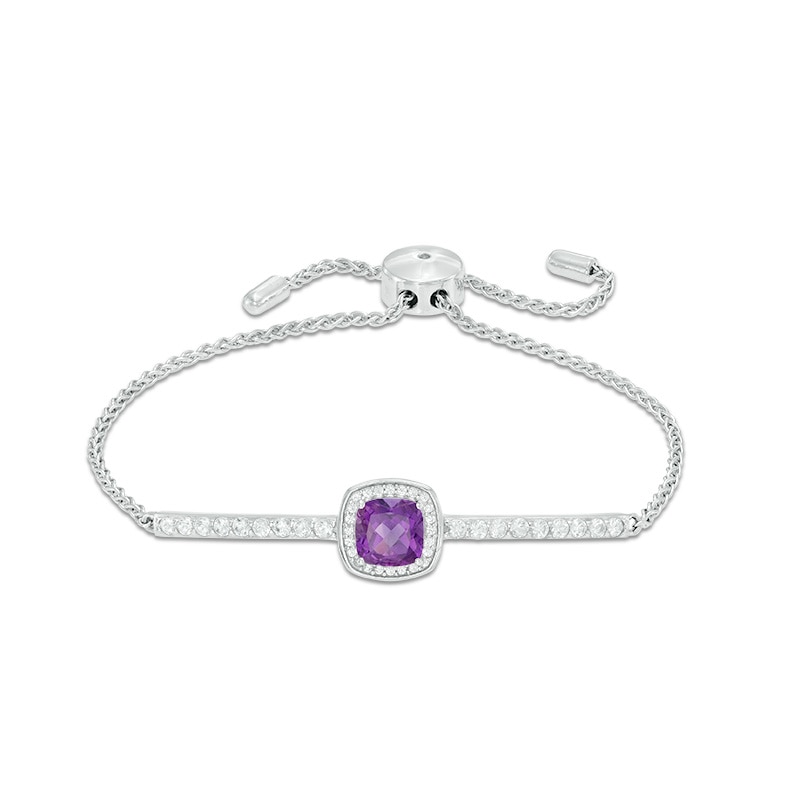 Main Image 1 of Previously Owned - 7.0mm Cushion-Cut Amethyst and Lab-Created White Sapphire Bolo Bracelet in Sterling Silver - 9.0"