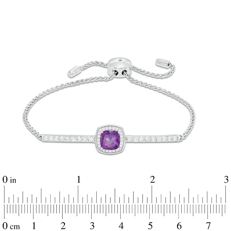 Main Image 2 of Previously Owned - 7.0mm Cushion-Cut Amethyst and Lab-Created White Sapphire Bolo Bracelet in Sterling Silver - 9.0"