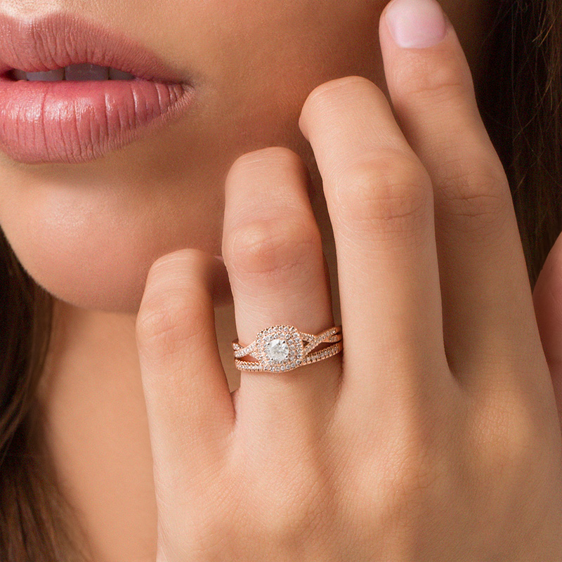 Previously Owned - 1/2 CT. T.W. Diamond Double Frame Bridal Set in 14K Rose Gold