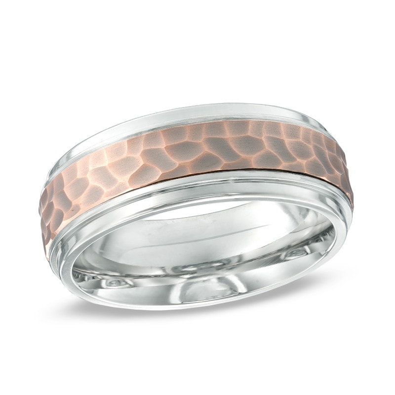 Main Image 1 of Previously Owned - Men's 8.0mm Titanium and 10K Rose Gold Hammered Comfort Fit Wedding Band