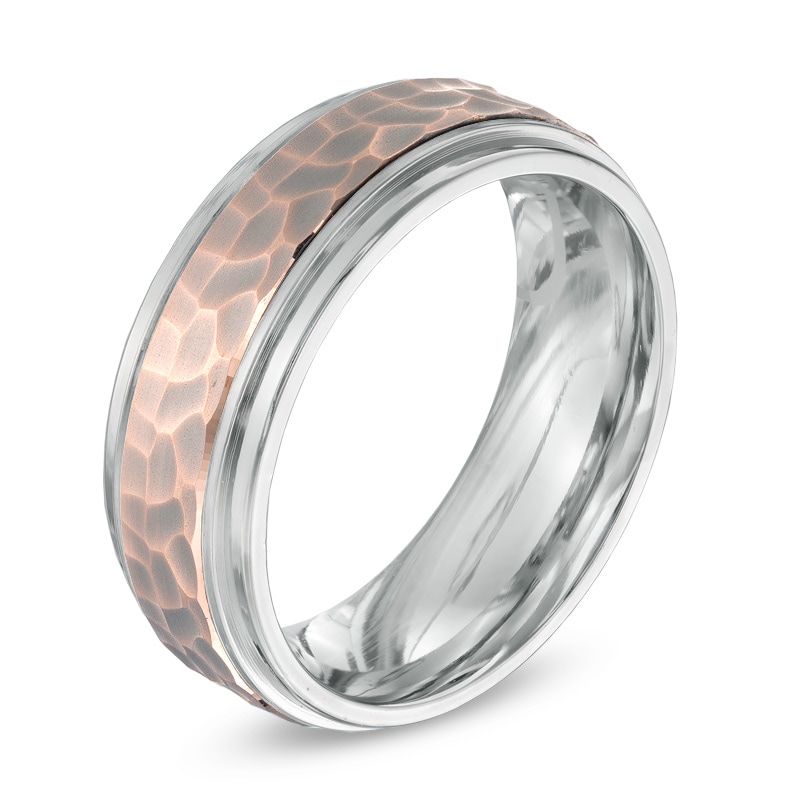 Main Image 2 of Previously Owned - Men's 8.0mm Titanium and 10K Rose Gold Hammered Comfort Fit Wedding Band