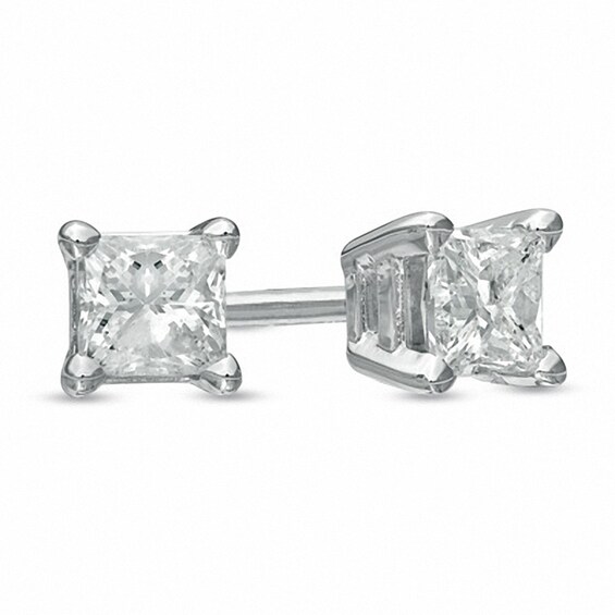 Previously Owned - 1/3 CT. T.W. Princess-Cut Diamond Solitaire Stud Earrings in 14K White Gold Previously Owned - 1/3 CT. T.W. Princess-Cut Diamond Solitaire Stud Earrings in 14K White Gold
