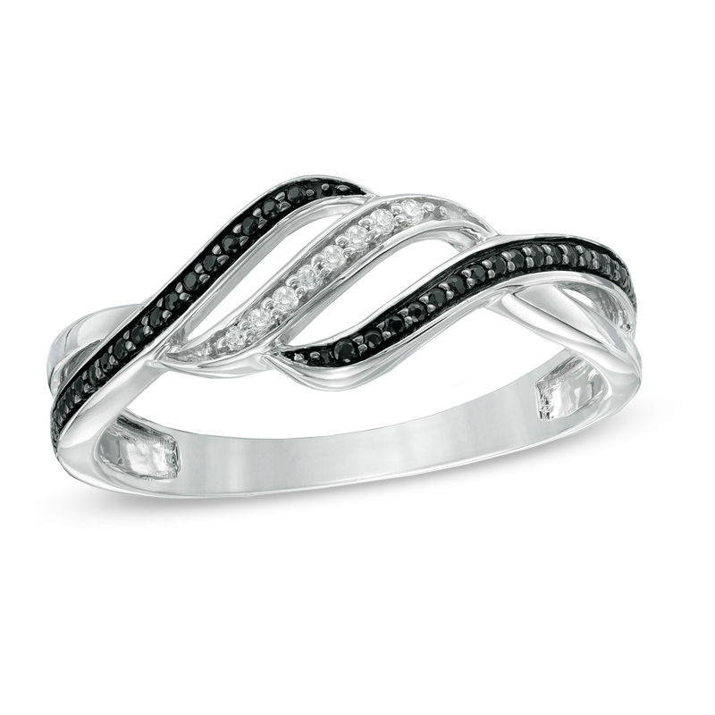 Previously Owned - 1/6 CT. T.W. Enhanced Black and White Diamond Split Waves Ring in Sterling Silver