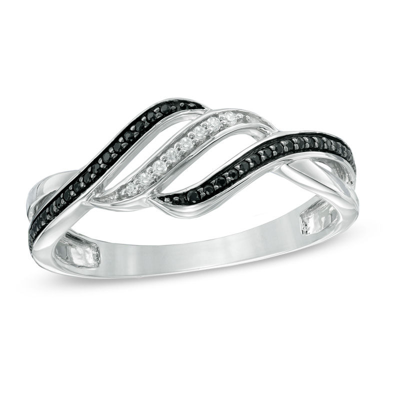 Main Image 1 of Previously Owned - 1/6 CT. T.W. Enhanced Black and White Diamond Split Waves Ring in Sterling Silver