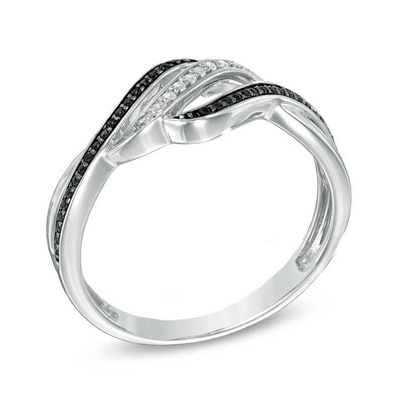 Previously Owned - 1/6 CT. T.W. Enhanced Black and White Diamond Split Waves Ring in Sterling Silver