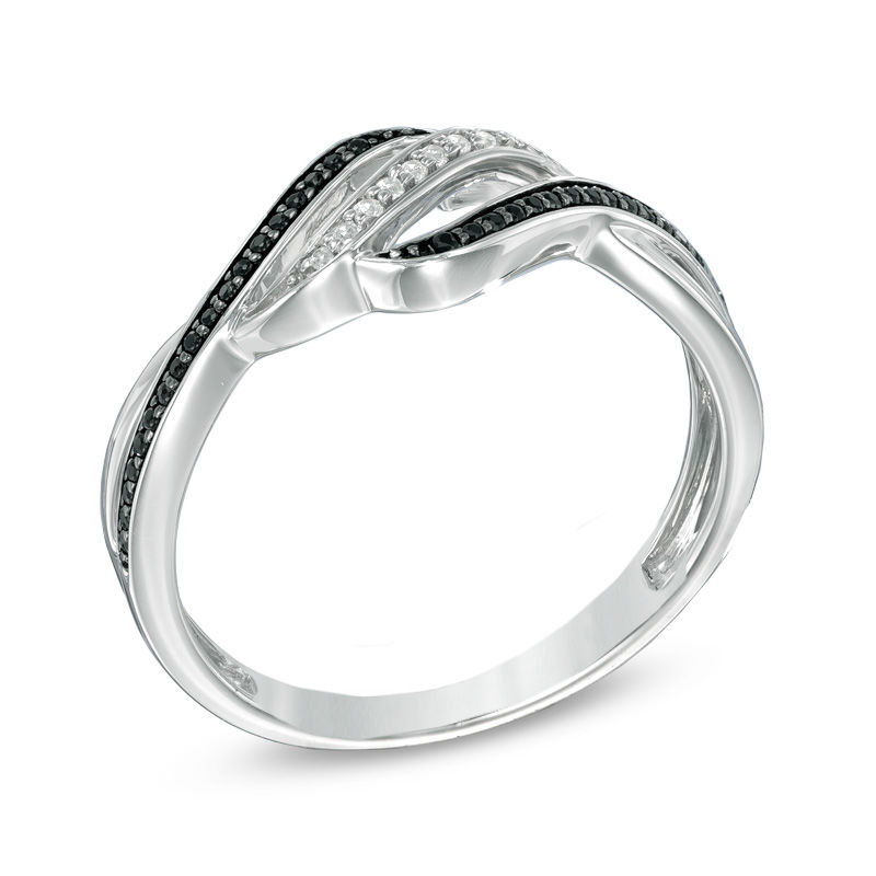 Main Image 2 of Previously Owned - 1/6 CT. T.W. Enhanced Black and White Diamond Split Waves Ring in Sterling Silver