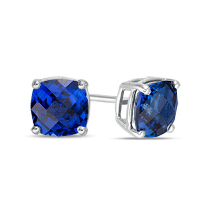 Previously Owned - 6.0mm Cushion-Cut Lab-Created Checkerboard Blue Sapphire Solitaire Stud Earrings in 10K White Gold