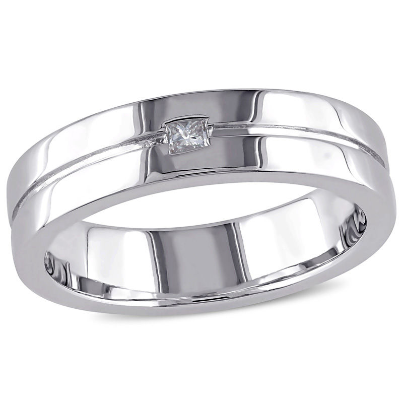 Main Image 1 of Previously Owned - 5.0mm Square-Cut Diamond Accent Solitaire Wedding Band in Sterling Silver