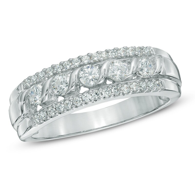 Main Image 1 of Previously Owned - 1/2 CT. T.W. Diamond Five Stone Swirl Band in 10K White Gold