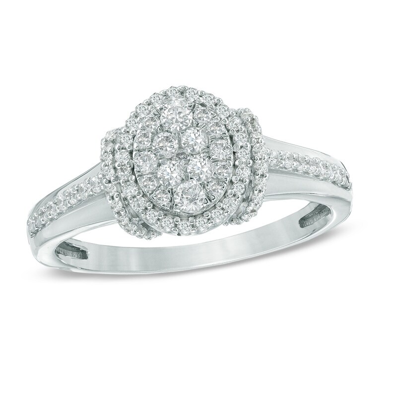 Main Image 1 of Previously Owned - 1/2 CT. T.W. Diamond Oval Cluster Collar Engagement Ring in 10K White Gold