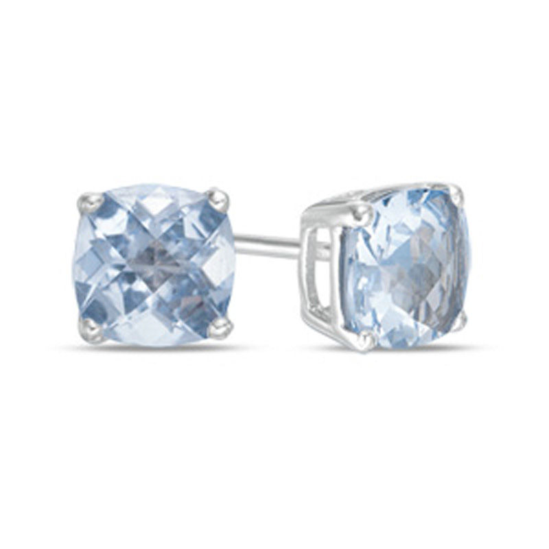 Previously Owned - 6.0mm Cushion-Cut Lab-Created Checkerboard Blue Spinel Solitaire Stud Earrings in 10K White Gold
