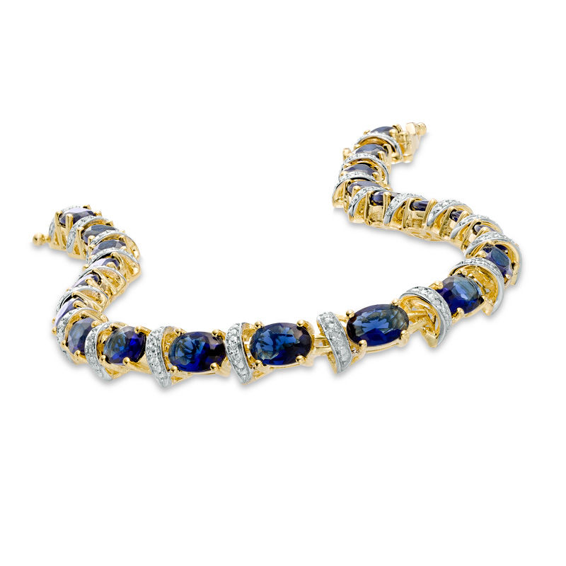 Main Image 2 of Previously Owned - Oval Lab-Created Blue Sapphire and Diamond Accent Link Bracelet in 10K Gold Vermeil - 7.25"