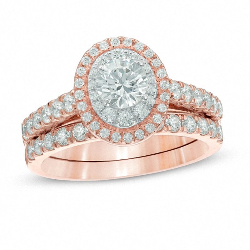 Main Image 1 of Previously Owned - 1-1/2 CT. T.W. Diamond Double Frame Bridal Set in 14K Rose Gold