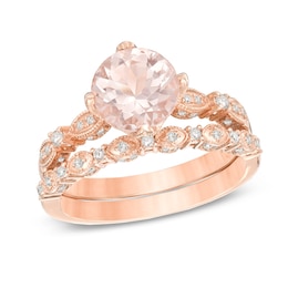 Previously Owned - 8.0mm Morganite and 1/3 CT. T.W. Diamond  Vintage-Style Bridal Set in 14K Rose Gold