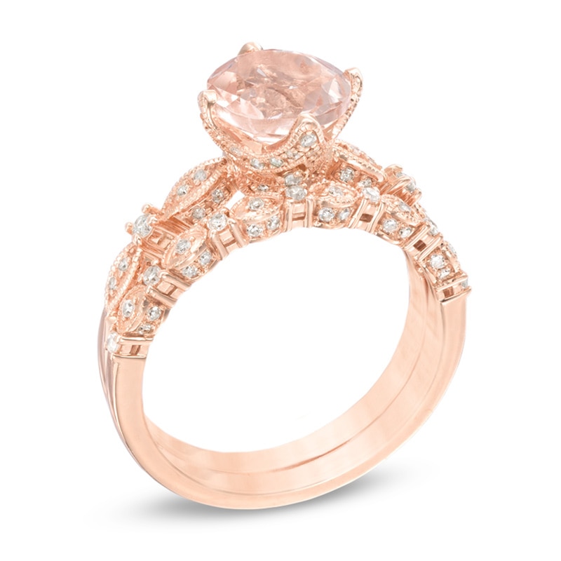 Main Image 2 of Previously Owned - 8.0mm Morganite and 1/3 CT. T.W. Diamond  Vintage-Style Bridal Set in 14K Rose Gold