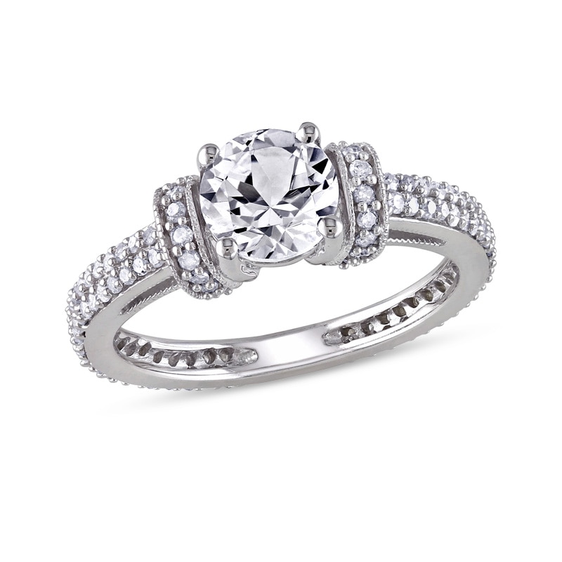 Previously Owned - 6.5mm Lab-Created White Sapphire and 1/2 CT. T.W. Diamond Engagement Ring in 10K White Gold