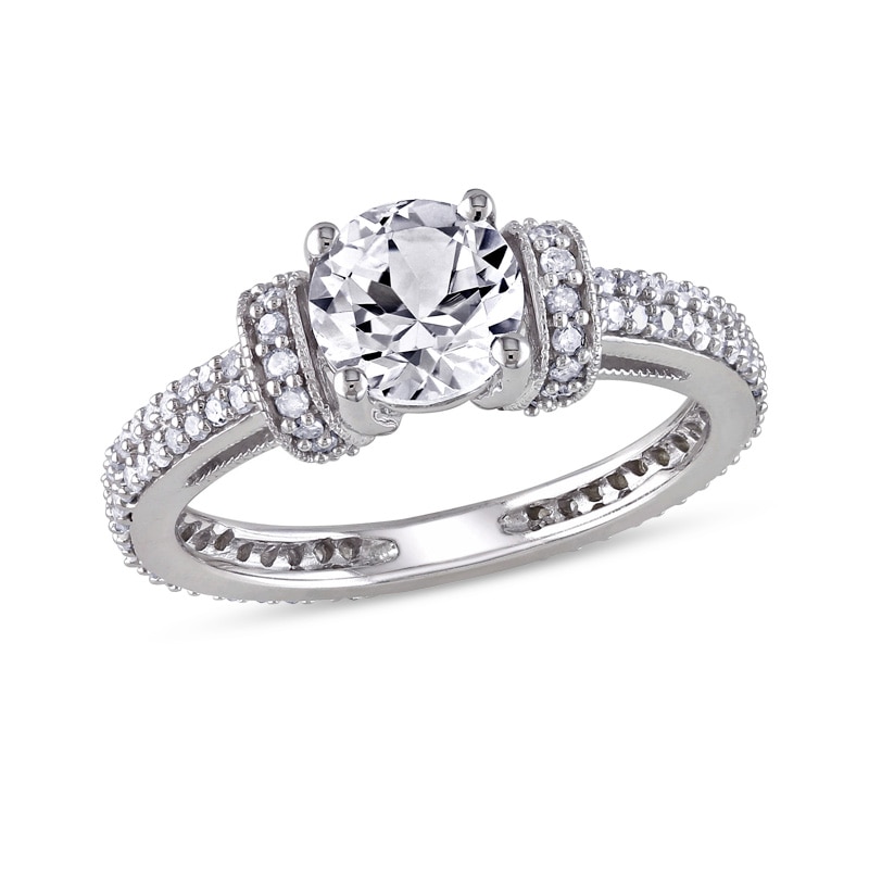 Main Image 1 of Previously Owned - 6.5mm Lab-Created White Sapphire and 1/2 CT. T.W. Diamond Engagement Ring in 10K White Gold