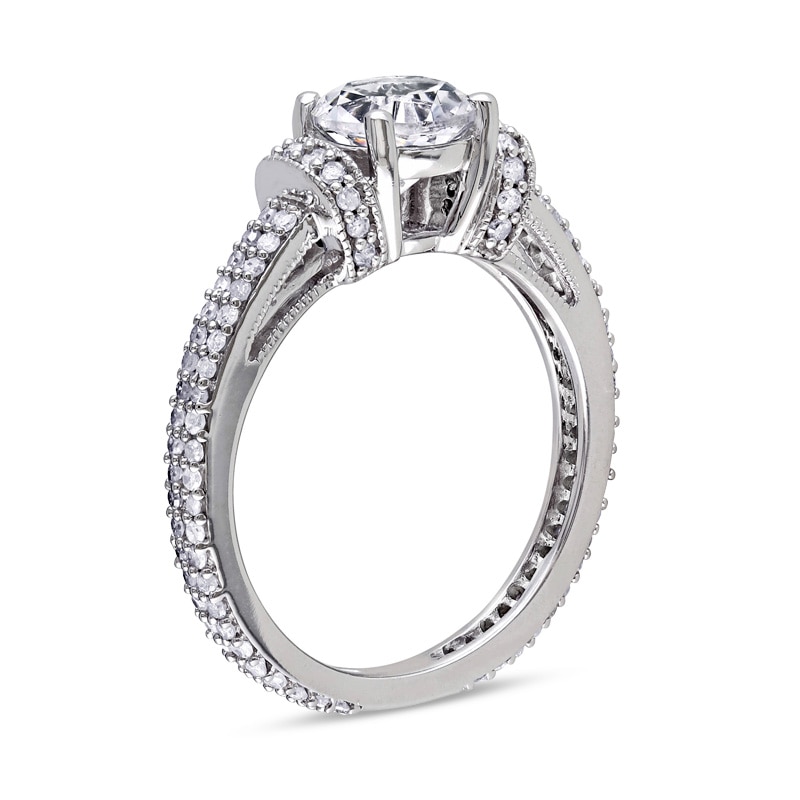 Previously Owned - 6.5mm Lab-Created White Sapphire and 1/2 CT. T.W. Diamond Engagement Ring in 10K White Gold
