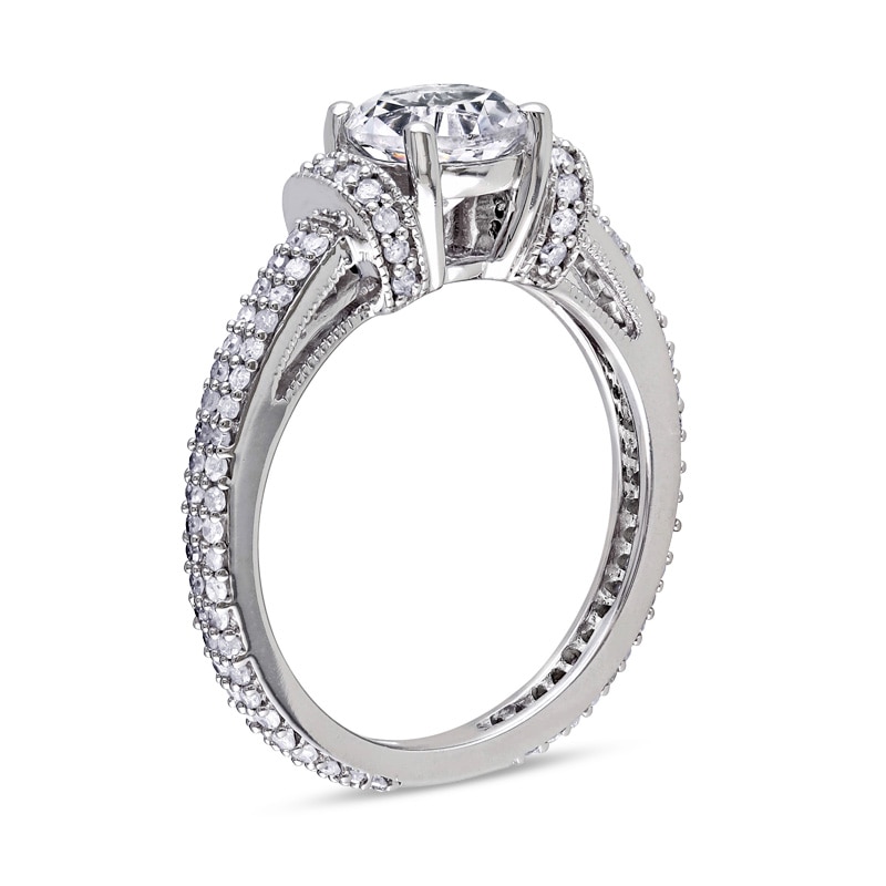 Main Image 2 of Previously Owned - 6.5mm Lab-Created White Sapphire and 1/2 CT. T.W. Diamond Engagement Ring in 10K White Gold