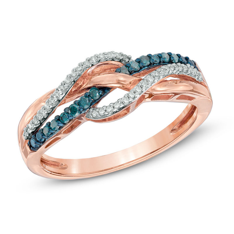 Previously Owned - 1/5 CT. T.W. Enhanced Blue and White Diamond Layered Waves Ring in 10K Rose Gold