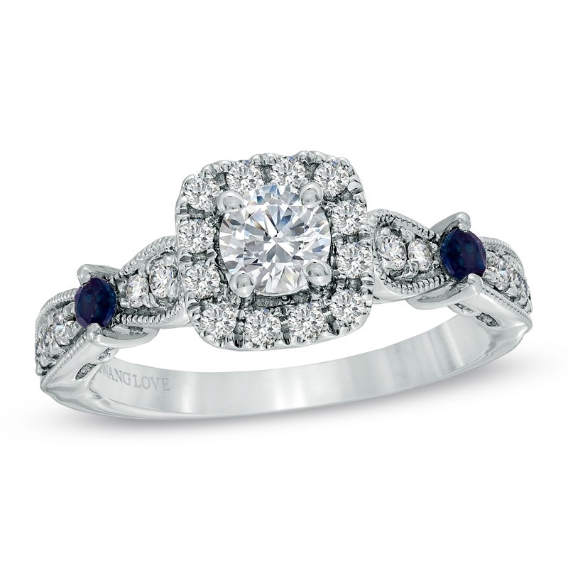 Main Image 1 of Previously Owned - Vera Wang Love Collection 3/4 CT. T.W. Diamond and Sapphire Vintage-Style Ring in 14K White Gold