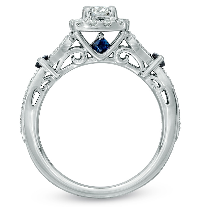 Main Image 3 of Previously Owned - Vera Wang Love Collection 3/4 CT. T.W. Diamond and Sapphire Vintage-Style Ring in 14K White Gold