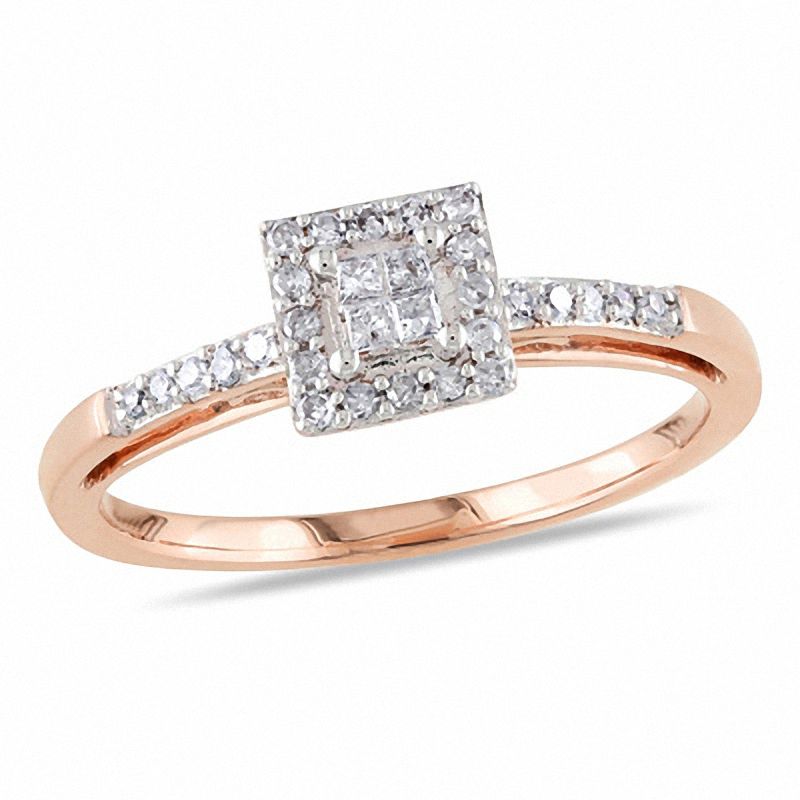 Previously Owned - 1/5 CT. T.W. Quad Princess-Cut Diamond Square Frame Engagement Ring in 10K Rose Gold