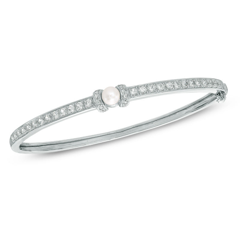 Main Image 1 of Previously Owned-5.5-6.0mm Freshwater Cultured Pearl and Lab-Created White Sapphire  Bangle in Sterling Silver-7.25"